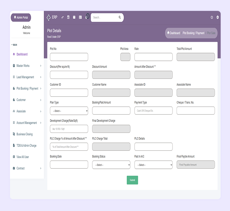 Plot and site management dashboard in real estate ERP